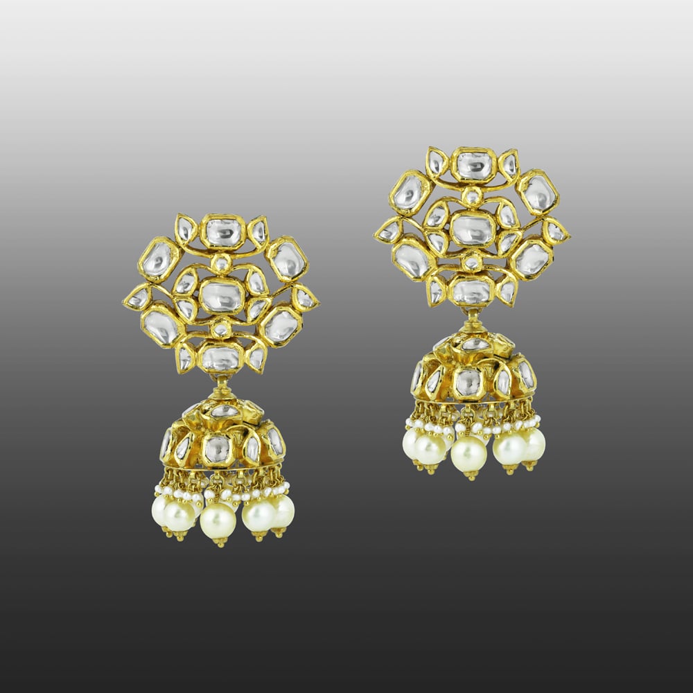 Floral Polki Jhumka Earrings with Pearl Drops